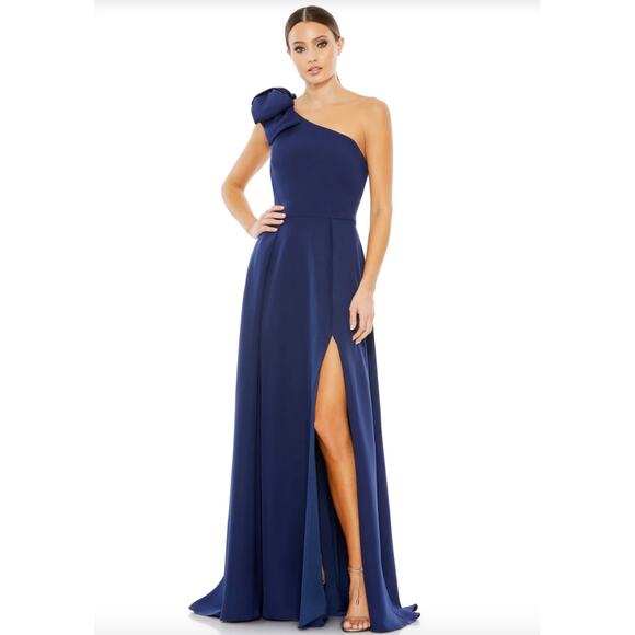 NWOT IEENA for Mac Duggal BOW ONE SHOULDER NAVY BLUE A-LINE FORMAL GOWN SZ 16 - Picture 1 of 12